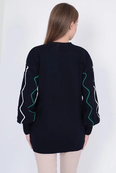 Kadın Triko Kazak Kolu Çizgili Koyu Lacivert - Resim 6