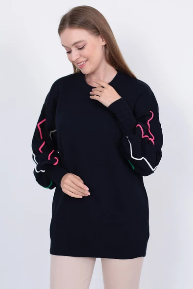 Kadın Triko Kazak Kolu Çizgili Koyu Lacivert - Resim 2