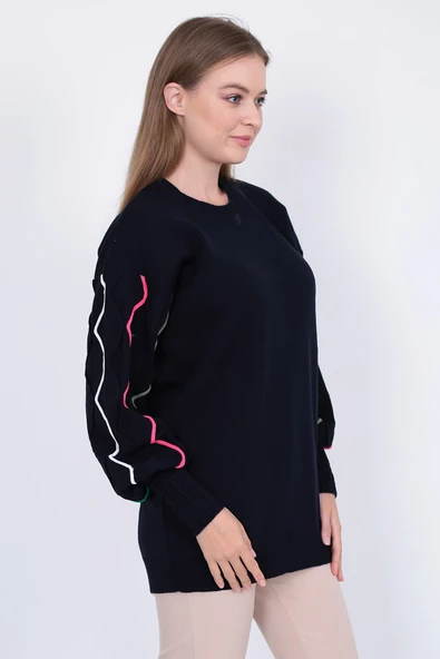 Kadın Triko Kazak Kolu Çizgili Koyu Lacivert - Resim 3