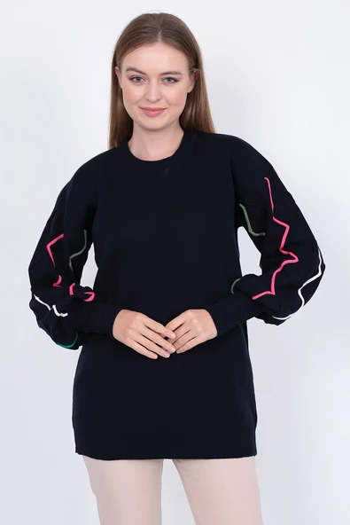 Kadın Triko Kazak Kolu Çizgili Koyu Lacivert - Resim 5