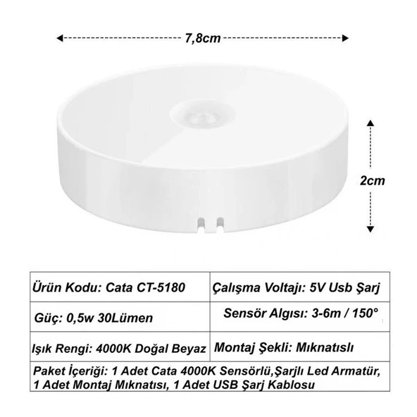 Cata CT-5180 Usb-C Şarjlı Hareket Sensörlü Mıknatıslı Led Lamba 4000K - 4