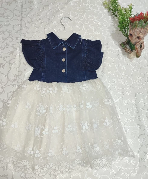 2-3-4 Yaş Astarlı Brode Etekli Kot Kumaş Düğmeli Kız Çocuk Elbisesi - 2