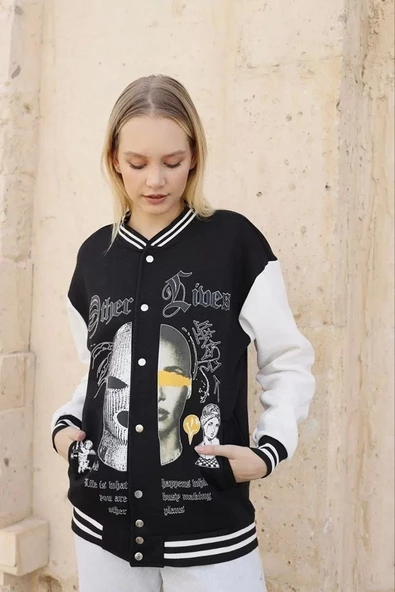 Kadın Oversize Kolej Ceket - Siyah - 1