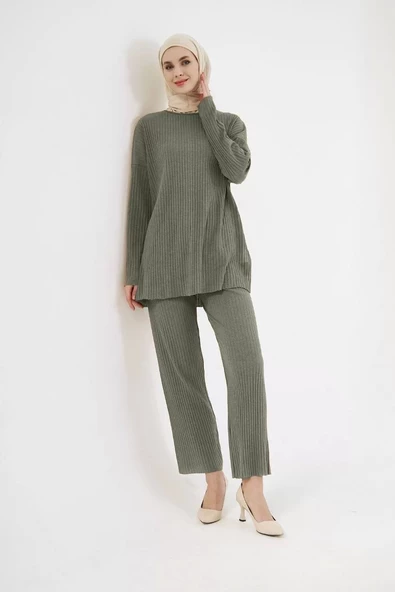 Uzun Kollu Organik Yıkanmış Kumaş Fitilli Pantolonlu Takım - Haki - Resim 2