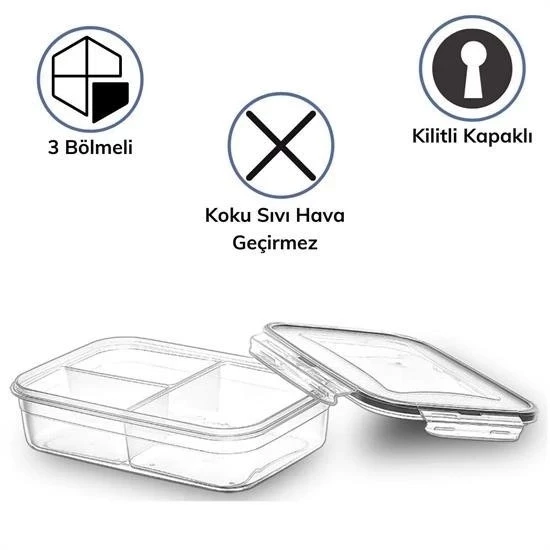 3 Bölmeli Kilitli Kapaklı 1 Litre Erzak Saklama Kabı Lc-510 - 3