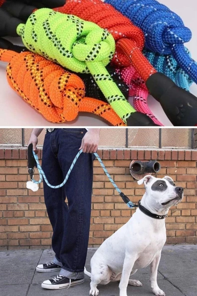 Reflektörlü Fosforlu Köpek Gezdirme Halatı Tasma Kayışı Metal Kancalı 130 Cm - 8