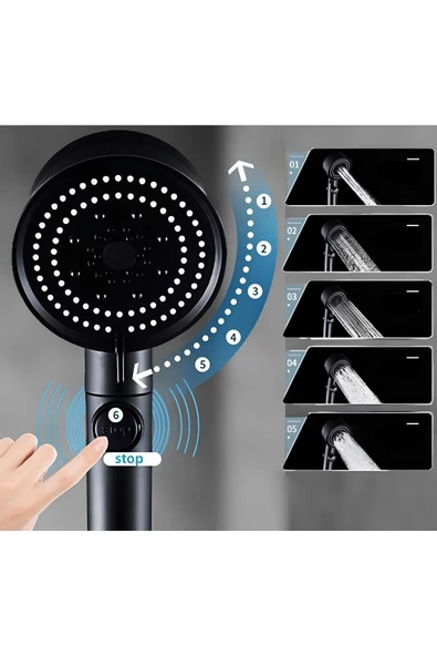 ZEMUS 5 Fonksiyonlu Duş Başlığı - Turbo Fan Duş Başlığı - Siyah - 6
