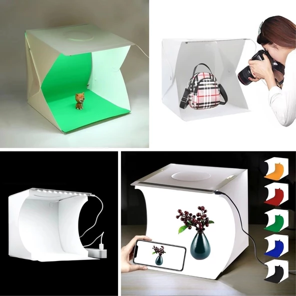 Katlanır Işıklı Fotoğraf Stüdyosu 40x40 Cm 6 Renk Fonlu Ürün Çekimi İçin Uygun Fotoğraf Çekim Kutusu - 7
