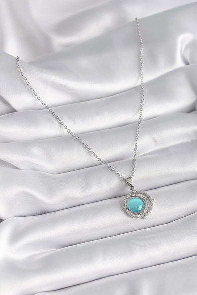 Gümüş Renk Mavi Sedefli Hilal Model Kadın Kolye - EBJ241109W28935 - Resim 2