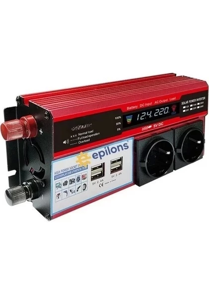 12v 2000w Modifiye Sinüs İnverter Araç Ve Güneş Enerjisi Uyumlu, Çift Usb, Çift Priz Ve Çakmaklık Epilons - 4