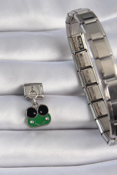 Gümüş Renk Sallantılı Yeşil Kurbağa Figür Nomination Charm - EBJ241109W29046 - Resim 2