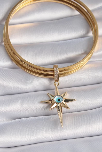 Gold Renk Zirkon Taşlı Kutup Yıldızı Nazar Boncuk Detay Ajda Charm - EBJ241109W28976 - Resim 2