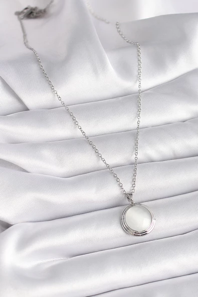 Gümüş Renk Beyaz Sedefli Daire Model Kadın Kolye - EBJ241109W28952 - Resim 2