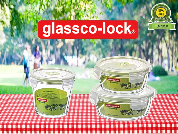 Glassco-lock Temperli Kilitli Cam Yuvarlak Saklama Kapları 3 adet  920cc - 840cc - 670cc  Sızdırmaz, Cam - Resim 3