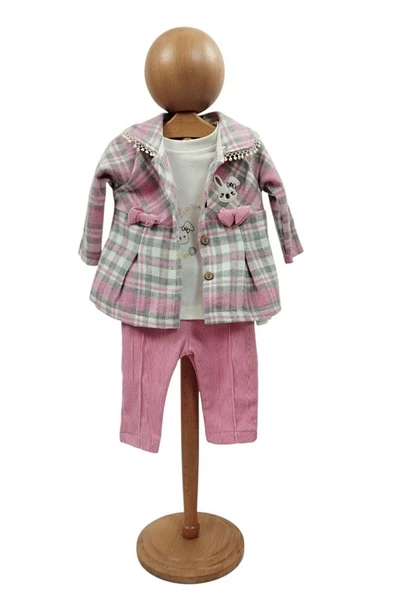 Kız Bebek Takım Yünlü Ekose Ceket Sweat Fitilli Pantolon - 2