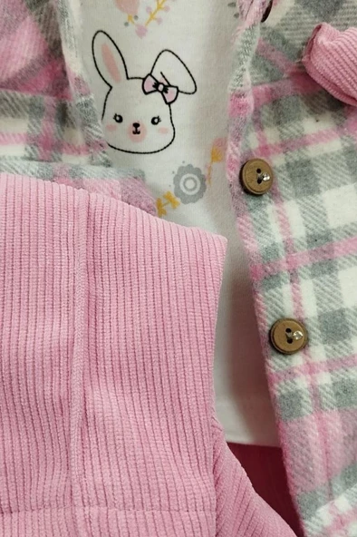Kız Bebek Takım Yünlü Ekose Ceket Sweat Fitilli Pantolon - 5