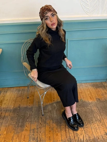 Kadın Uzun Kollu Balıkçı Yaka şardonlu Bluz Etek Takım - Resim 2