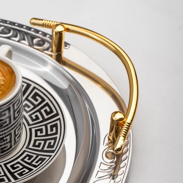 Porsima Elit Premium 2'li Paslanmaz Çelik Kahve Tepsisi Gümüş Tepsi Gold Detaylı Dekoratif Servis Sunum Tepsisi - 2