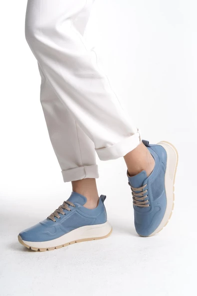 Kadın Hakiki Deri Renkli Sneaker Kalın Taban Bağcıklı Rahat Günlük Spor Ayakkabı Sneaker - 3