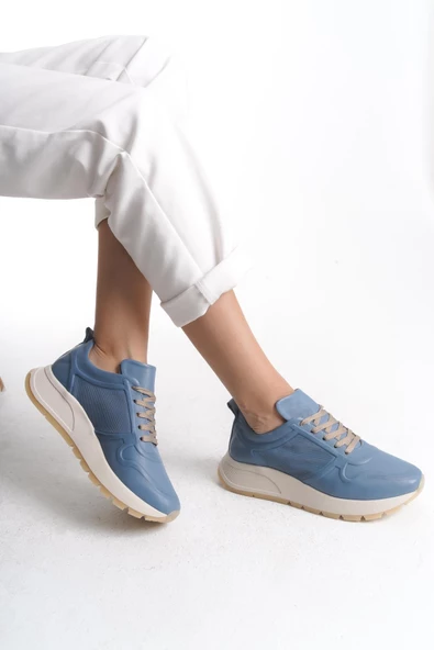 Kadın Hakiki Deri Renkli Sneaker Kalın Taban Bağcıklı Rahat Günlük Spor Ayakkabı Sneaker - 1