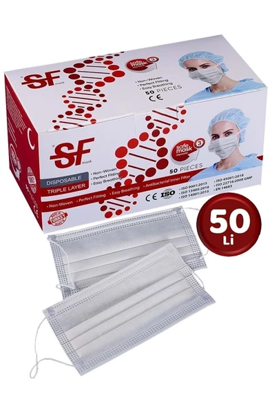 SF Mask E 3 Katlı Filtreli Burun Telli Cerrahi Maske 50 Li Paket Full Ultrasonik