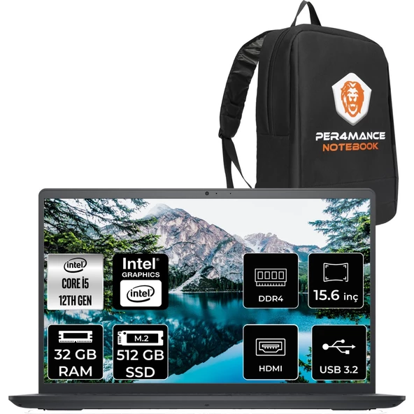 Inspiron 15 3520 Intel Core I5 1235U 32GB 512GB SSD 15.6'' Fhd Fdos Taşınabilir Bilgisayar & SnerTech Çanta ürün görseli