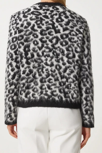 Kadın Şardonlu Leopar Desenli Kısa Sakallı Triko Hırka - 3