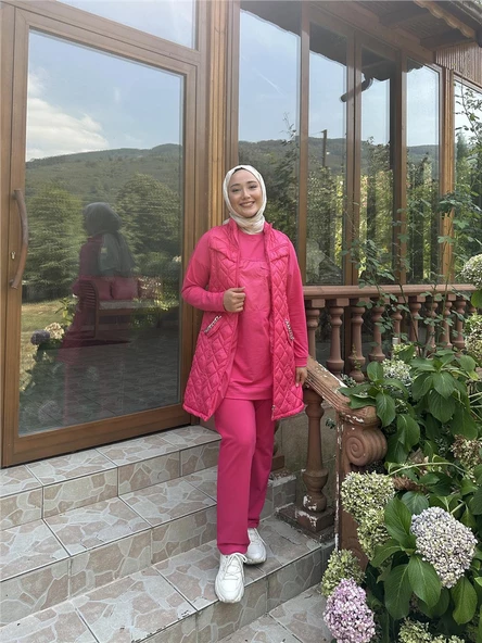 Dafne Cepli Eşofman Kolsuz Yelek Beli Lastikli Pantolon Üçlü Takım - 71149 - Fuşya