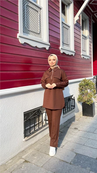 Yakalı Yarım Fermuarlı Cepli Kısa Sweat Pantolon İkili Tesettür Eşofman Takımı - 71173 - Acı Kahve