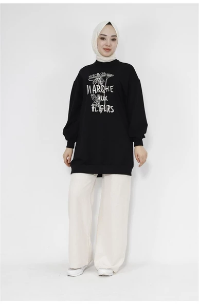 Marche Aux Fleurs Yazı Çiçk Resim Baskılı Sweatshirt - 71105 - Siyah