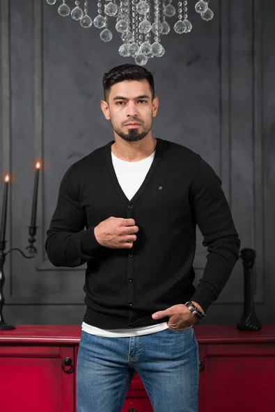 Regular Fit V Yaka Düğmeli Pamuklu Basic Erkek Hırka - 2