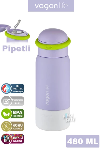 Vagonlife 480 ML Çocuk Pipetli Paslanmaz Çelik Termos/Su Matarası-FFVGN1006-480ML - 6