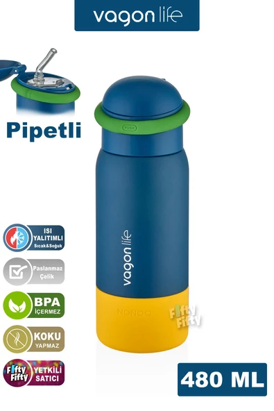 Vagonlife 480 ML Çocuk Pipetli Paslanmaz Çelik Termos/Su Matarası-FFVGN1006-480ML - 2