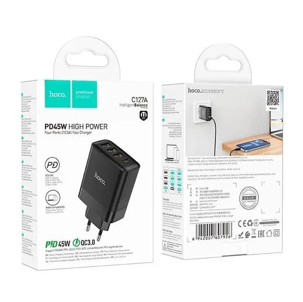 HOCO C127A PD45W 3 USB + 1 Type-C Girişli Hızlı Şarj Adaptörü Başlığı - 2