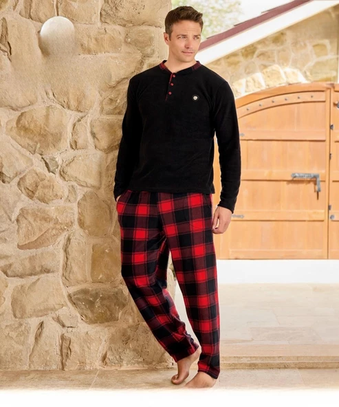 Pijamoni Erkek Düğme Yaka Kışlık Polar Pijama Takımı 6100/7 - 1 Adet  Siyah M