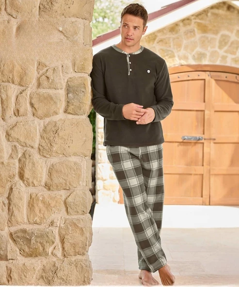 Pijamoni Erkek Düğme Yaka Kışlık Polar Pijama Takımı 6100/5 - 1 Adet  L Haki