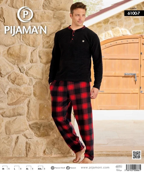 Pijamoni Erkek Düğme Yaka Kışlık Polar Pijama Takımı 6100/7 - 1 Adet  Siyah L - 2
