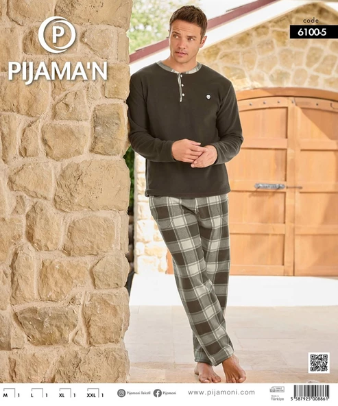 Pijamoni Erkek Düğme Yaka Kışlık Polar Pijama Takımı 6100/5 - 1 Adet  M Haki - Resim 2