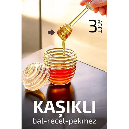 Kaşıklı Kristal Bal Kavanozu Reçel Pekmez Sos Kavanozu 3 adet