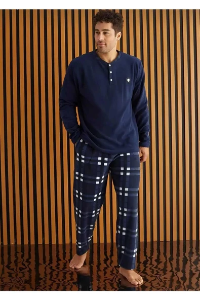 Pijamoni Erkek Düğme Yaka Kışlık Polar Pijama Takımı 6100/13 - 1 Adet  M Lacivert