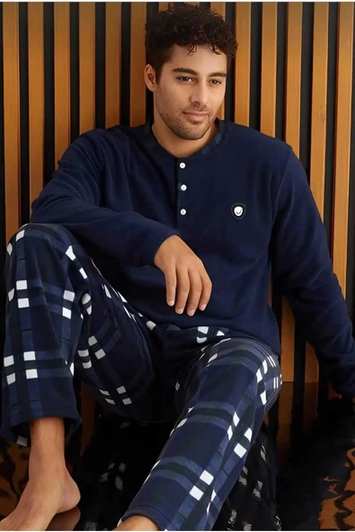 Pijamoni Erkek Düğme Yaka Kışlık Polar Pijama Takımı 6100/13 - 1 Adet  L Lacivert - Resim 3