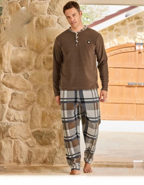 Pijamoni Erkek Düğme Yaka Kışlık Polar Pijama Takımı 6100/11 - 1 Adet  2XL Kahverengi