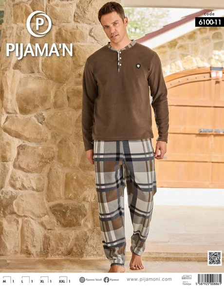 Pijamoni Erkek Düğme Yaka Kışlık Polar Pijama Takımı 6100/11 - 1 Adet  2XL Kahverengi - 2