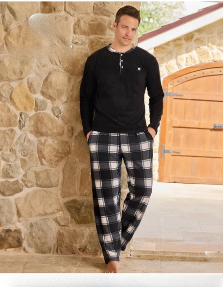 Pijamoni Erkek Düğme Yaka Kışlık Polar Pijama Takımı 6100/12 - 1 Adet  XL Siyah ürün görseli