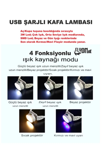 ŞARJLI KAFA LAMBASI AYARLI KAYIŞ VE BAŞLIK  4 MOD YÜKSEK  IŞIK FLAŞÖRLÜ YÜRÜYÜŞ BALIKÇI KAMP FENERİ - 2
