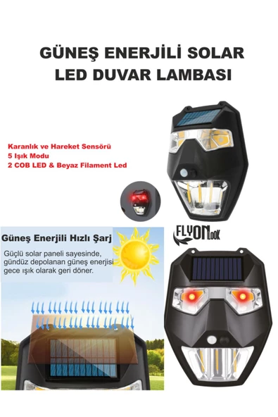 Güneş Enerjili Solar Led Duvar Lambası 5 Işık Modlu Karanlık  Otomatik  Devre  Ev,Bahçe,Teras Fener - 3