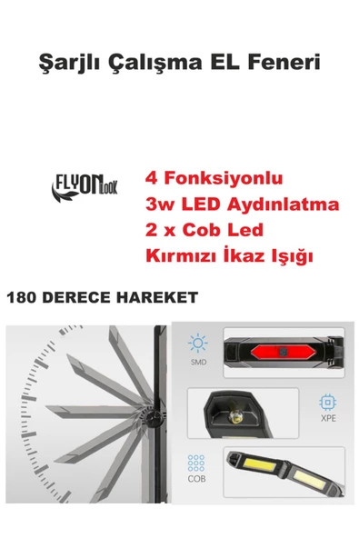 Şarjlı Çalışma EL Feneri Fonksiyonlu 180 Derece Dönebilen COB LED Mıknatıslı Kamp,Oto Tamir Lamba - 2