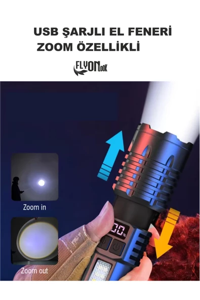 USB ŞARJLI EL FENERİ 5 FONKSİYONLU P50 LED -SMD LED ZOOMLU GÖSTERGE EKRANLI KAMP EV OFİS BALIKÇILIK - 2