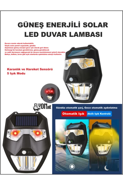 Güneş Enerjili Solar Led Duvar Lambası 5 Işık Modlu Karanlık  Otomatik  Devre  Ev,Bahçe,Teras Fener - 2