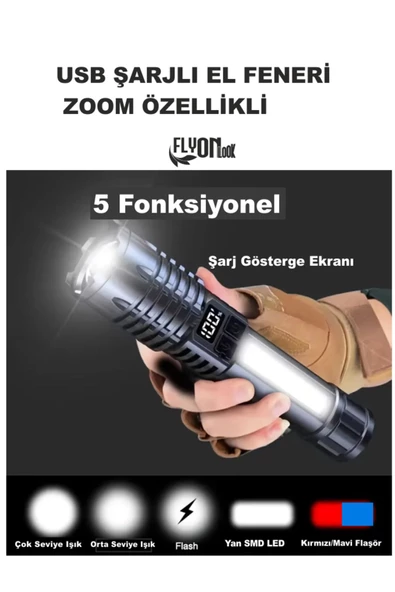 USB ŞARJLI EL FENERİ 5 FONKSİYONLU P50 LED -SMD LED ZOOMLU GÖSTERGE EKRANLI KAMP EV OFİS BALIKÇILIK